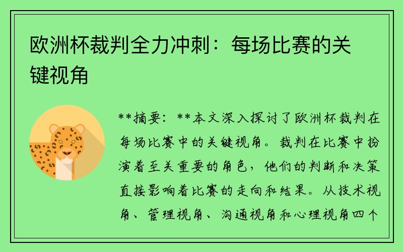 欧洲杯裁判全力冲刺：每场比赛的关键视角